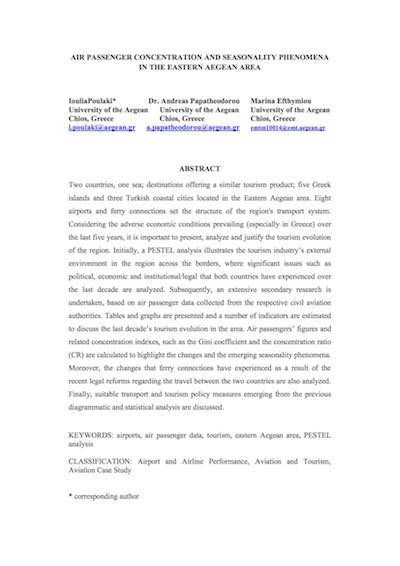 Poulaki, I., Papatheodorou, A. and Efthymiou, M. (2014) Air Passenger Concentration and Seasonality Phenomena in the Eastern Aegean Area, 18th Annual World Conference of the Air Transport Research Society, hosted by KEDGE Business School, Bordeaux, France